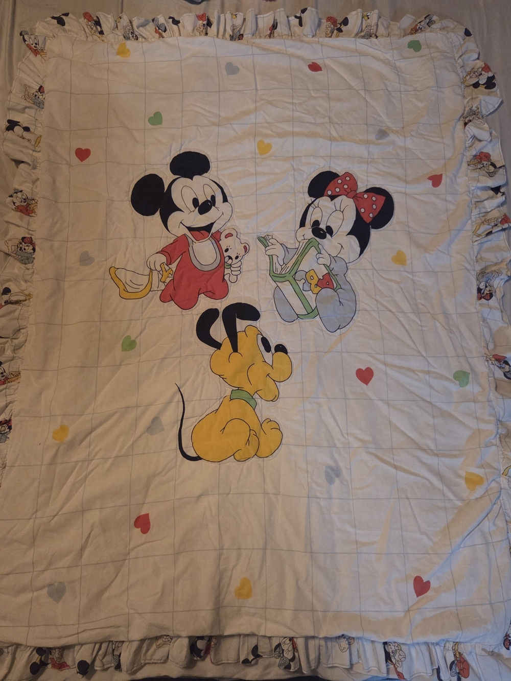 Vintage Disney Baby Mickey Minnie Pluto Crib Quilt Comforter Ruffle 33x39